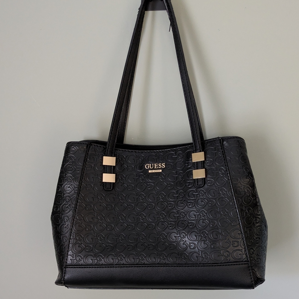 Guess Black Embossed Tote with Gold Accents